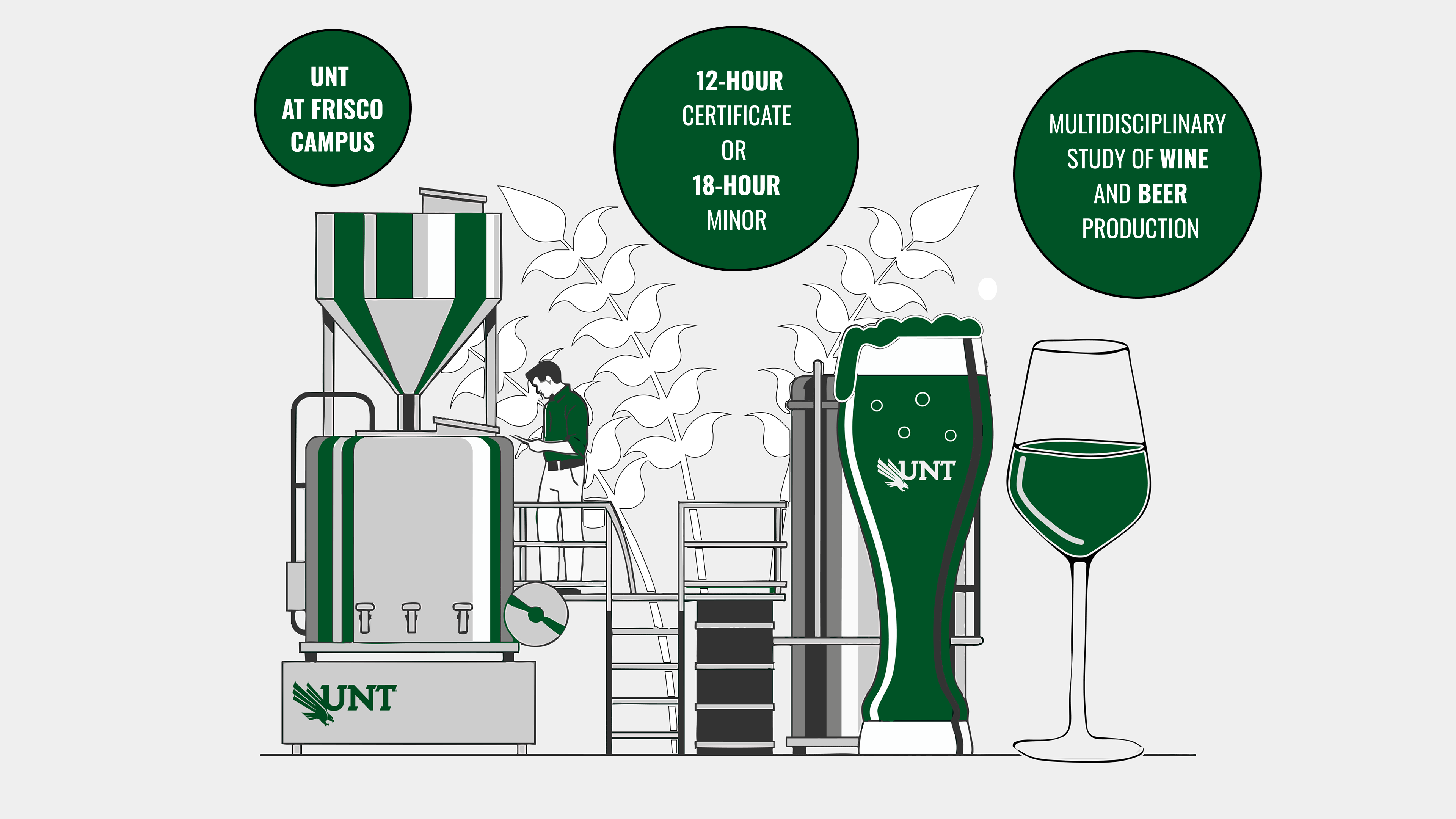 Illustration representing the UNT College of Applied and Collaborative Studies brewing program. The image shows a person working with brewing equipment, a large beer glass, and a wine glass. Text highlights include: UNT at Frisco campus, undergraduate minor program, and multidisciplinary study of wine and beer production.