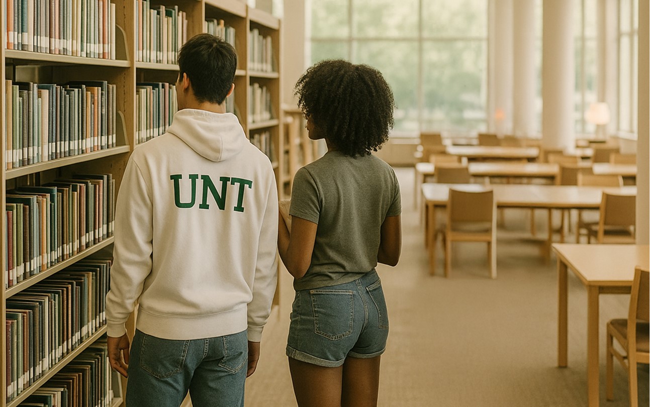 Two students walking in a library, one wearing a UNT hoodie.