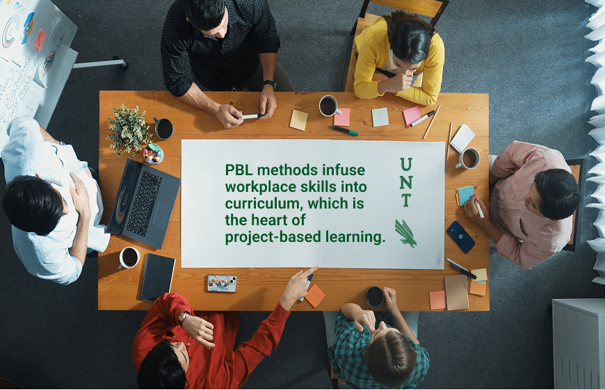 Six people sit around a table with laptops, notebooks, and coffee cups. In the center, a sign reads: ‘PBL methods infuse workplace skills into curriculum, which is the heart of project-based learning.’ The UNT logo appears on the right side of the sign.