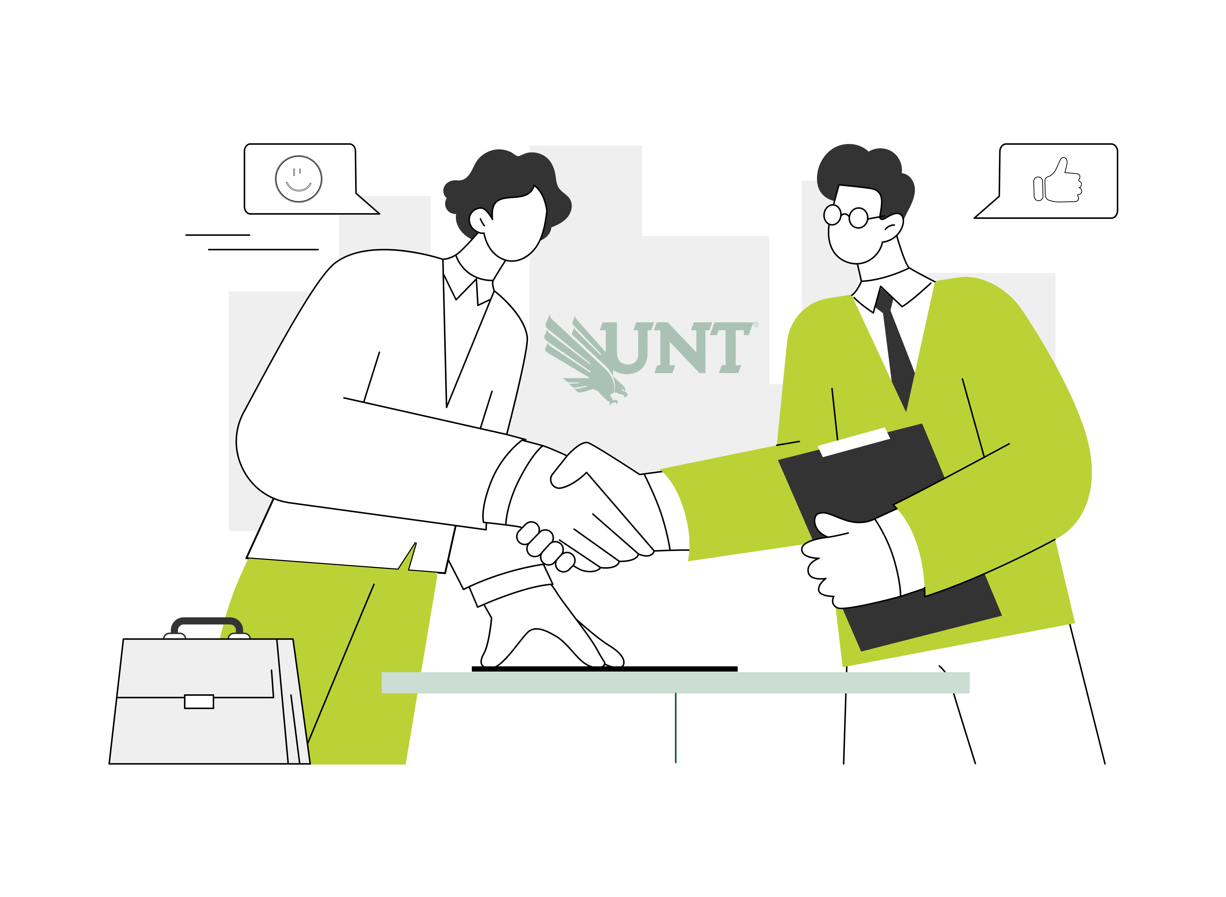 Illustration of a male student shaking hands with his male advisor at the UNT advising office after completing an advising session.