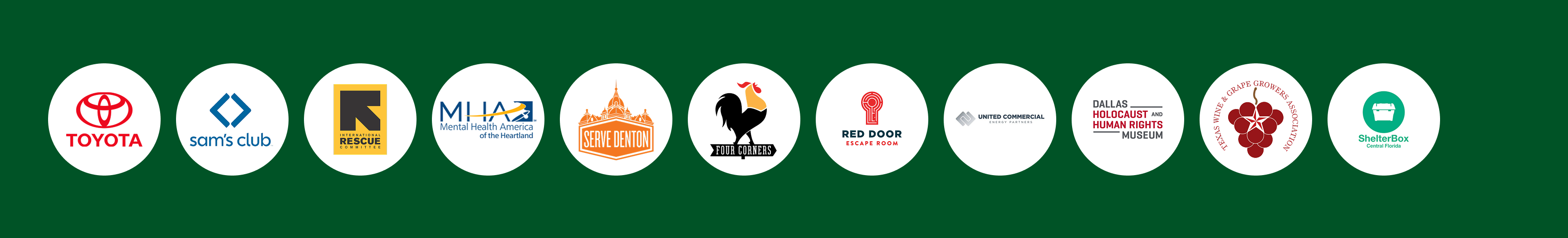 Logos of industry and community partners: Toyota, Sam’s Club, International Rescue Committee, Mental Health America of the Heartland, Serve Denton, Four Corners, Red Door Escape Room, United Commercial Energy Partners, Dallas Holocaust and Human Rights Museum, Texas Wine and Grape Growers Association, and ShelterBox Central Florida.