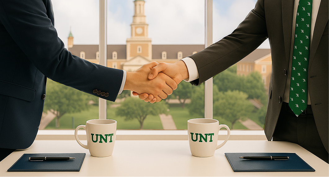 Decorative image, two people in suits shaking hands across a table with UNT mugs and folders, with a university building visible through the window.