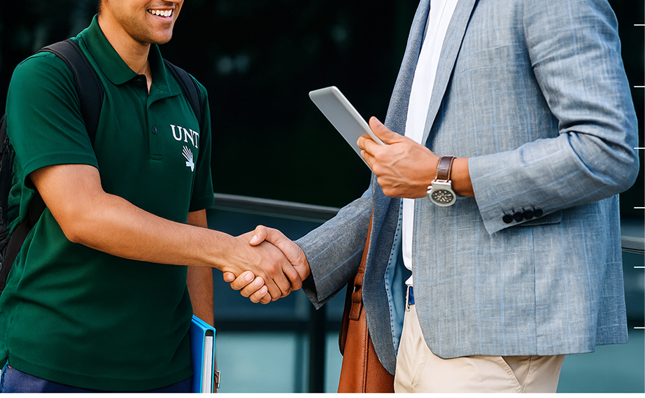 Decorative Image, UNT Student handshake with industry partner